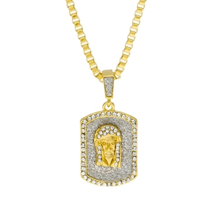 Close-up of gold Jesus head pendant with sparkling rhinestones on box chain