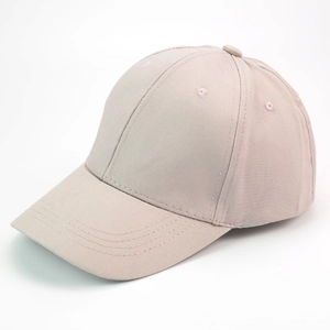 Detailed side view of a minimalist solid beige cotton baseball cap for daily wear