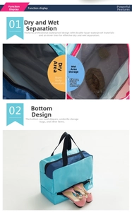 Detail view of the lake blue waterproof travel bag with separate wet-dry compartments