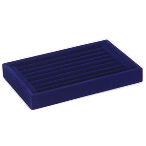 Detailed view of dark blue velvet ring tray with multi-row slots for jewelry storage