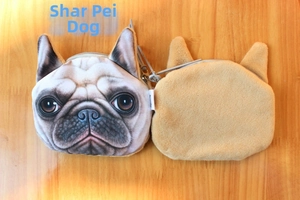 Detailed front and back view of 3D shar-pei plush coin purse on wooden background