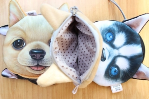 Detailed plush coin purses featuring Shiba Inu and Husky motifs with polka dot lining