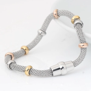 4mm stainless steel mesh chain bracelet with gold and rose gold beads and magnetic clasp