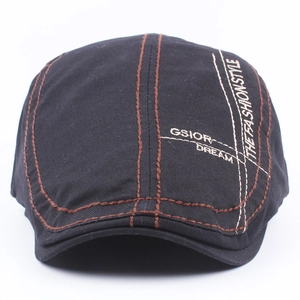 Black men's cotton flat cap with brown stitching and embroidered lettering detail