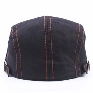 Black canvas beret hat for men with brown stitching and adjustable metal buckle