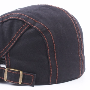 Men's embroidered canvas beret hat with brown contrast stitching and vintage metal buckle