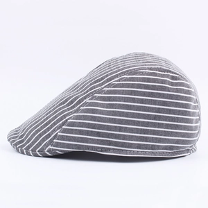 Classic striped newsboy cap for men and women in dark grey and white vintage cotton
