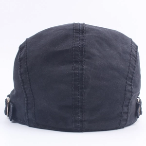Men's black cotton newsboy cap with metal buckle adjustment and back view stitching