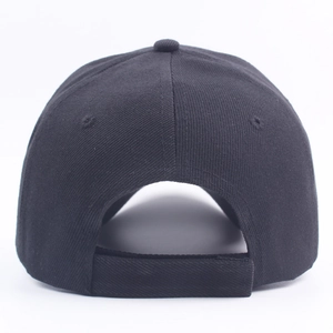 Rear view of black cotton baseball cap with adjustable strap and breathable vents