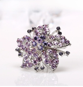 Macro shot of silver flower brooch with purple crystals and fine floral metalwork