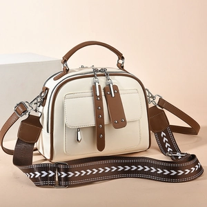 Women's two-tone shoulder bag in beige and brown with broad jacquard strap