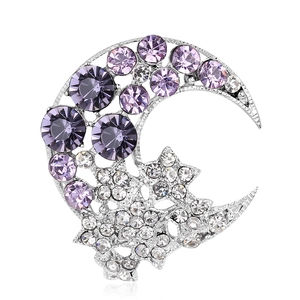 Fashionable silver moon and star brooch with purple crystals and rhinestones on white background
