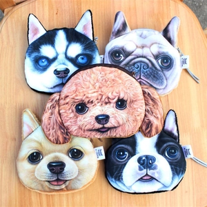 Five styles of dog-themed coin purses featuring husky and pug designs on wooden surface