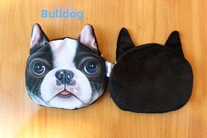 Front and back view of a plush bulldog coin purse with a realistic digital face print
