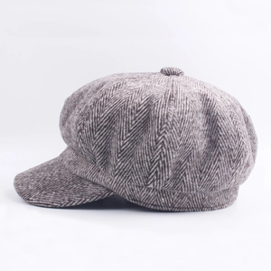 Classic grey herringbone wool newsboy cap with button top for men and women