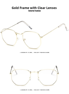 Detailed views of vintage small square gold metal frame sunglasses with clear white lenses