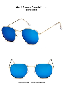Detail of square gold metal frame sunglasses with reflective blue mirrored lenses