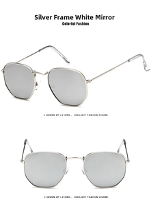 Detail view of square silver metal sunglasses with reflective silver mirrored lenses