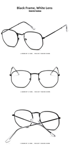 Detailed views of black square frame spectacles with clear lenses from multiple angles