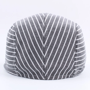 Classic grey striped beret hat with V-shaped symmetrical twill pattern on white background