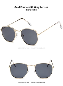 Detailed views of gold metal frame sunglasses with gray lenses and a sleek modern design