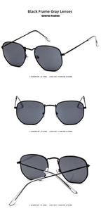 Detailed views of square sunglasses with thin black metal frames and grey lenses