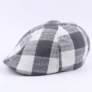 Classic gray plaid flat cap for men with retro six-panel design and premium woven texture