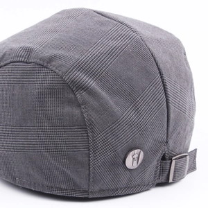 Classic grey plaid beret flat cap with metal logo detail and adjustable back strap buckle