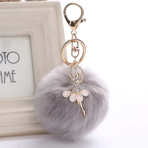 Macro detail of ballerina pendant with sparkling rhinestones and grey faux fur pompom