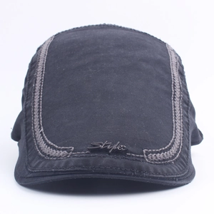 Men's black cotton flat cap with gray herringbone stripe and metal style logo