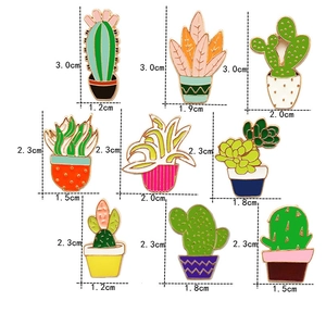 Detailed dimensions of nine colorful cactus and succulent enamel pin badges on white background