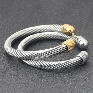 7mm stainless steel cable wire open bangle bracelet in silver and gold contrast