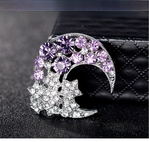 Close-up of crescent moon and star brooch with purple crystals and silver finish