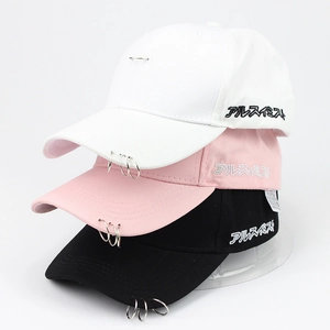 Détail de trois anneaux métalliques sur le bord d'une casquette de baseball hip-hop