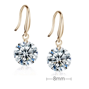 Elegant 8mm round cut solitaire drop earrings in gold finish with clear sparkling stones
