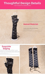 Detailed view of floral lace texture and satin bow ribbon on long fingerless gloves