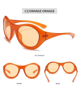 Three-way view of orange Y2K cycling sunglasses showing front, back, and 45-degree angles