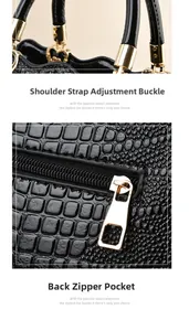 Détail du sac à main noir brillant motif crocodile avec bandoulière et poche zippée arrière
