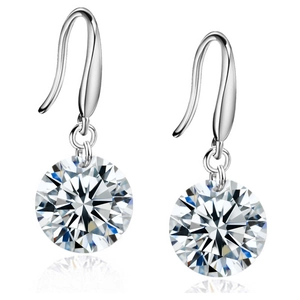 8mm round cut sparkling diamond drop earrings in elegant silver setting hook design