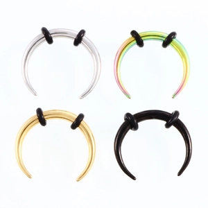 Detail showing stainless steel C-shaped septum rings in silver, gold, black and rainbow finish