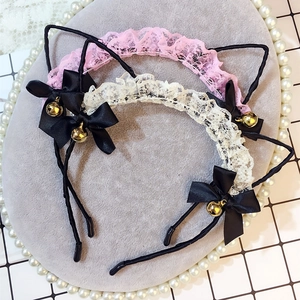 Lace cat ear headband set with satin bows and golden bells in pink and beige