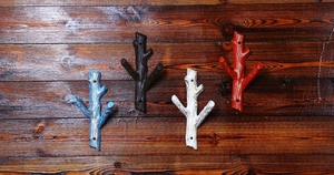 Set of four rustic iron branch hooks in blue, brown, white and red on wood background