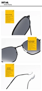 Detail of square sunglasses with metal hinges, nasal pads, and ergonomic temples