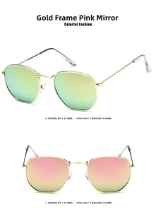 Close-up of hexagonal gold metal frames with colorful gradient mercury lenses