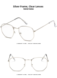 Close-up of silver square metal frame sunglasses with clear lenses and slim temples
