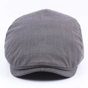 Classic grey plaid beret hat with vintage duckbill style in thick cotton blend fabric