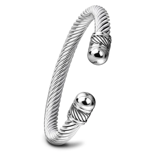 Minimalist 7mm stainless steel cable wire open cuff bracelet with twisted texture