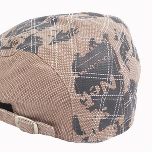 Classic khaki plaid beret hat for men with vintage map print and metal adjustment buckle