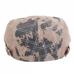 Vintage plaid cotton beret for men featuring a map print and adjustable buckle detail