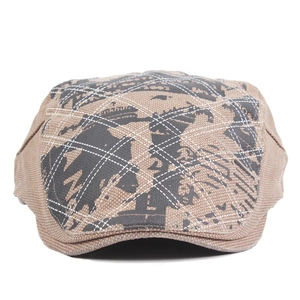 Classic khaki plaid cotton beret for men featuring vintage abstract graphic patterns